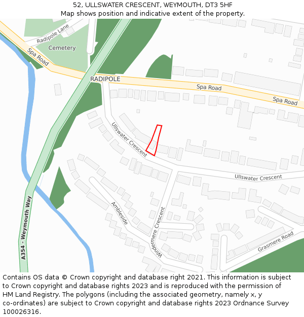 52, ULLSWATER CRESCENT, WEYMOUTH, DT3 5HF: Location map and indicative extent of plot