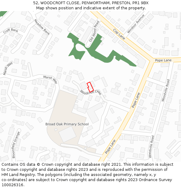 52, WOODCROFT CLOSE, PENWORTHAM, PRESTON, PR1 9BX: Location map and indicative extent of plot