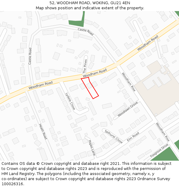 52, WOODHAM ROAD, WOKING, GU21 4EN: Location map and indicative extent of plot