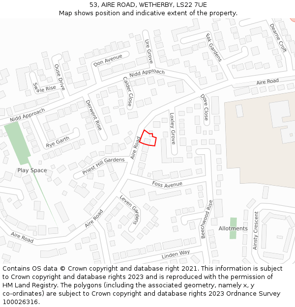 53, AIRE ROAD, WETHERBY, LS22 7UE: Location map and indicative extent of plot