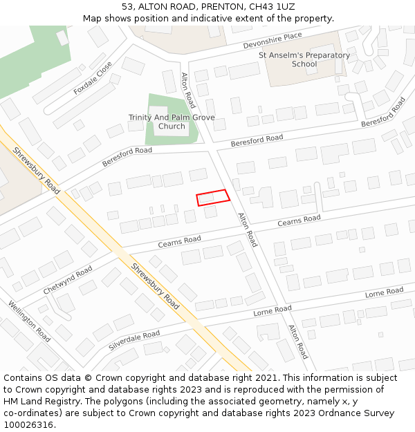 53, ALTON ROAD, PRENTON, CH43 1UZ: Location map and indicative extent of plot