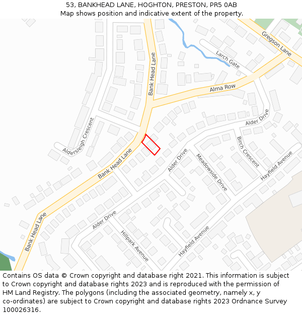 53, BANKHEAD LANE, HOGHTON, PRESTON, PR5 0AB: Location map and indicative extent of plot