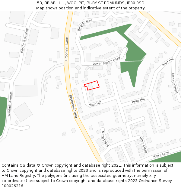 53, BRIAR HILL, WOOLPIT, BURY ST EDMUNDS, IP30 9SD: Location map and indicative extent of plot