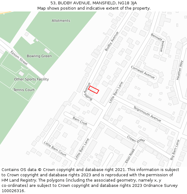 53, BUDBY AVENUE, MANSFIELD, NG18 3JA: Location map and indicative extent of plot