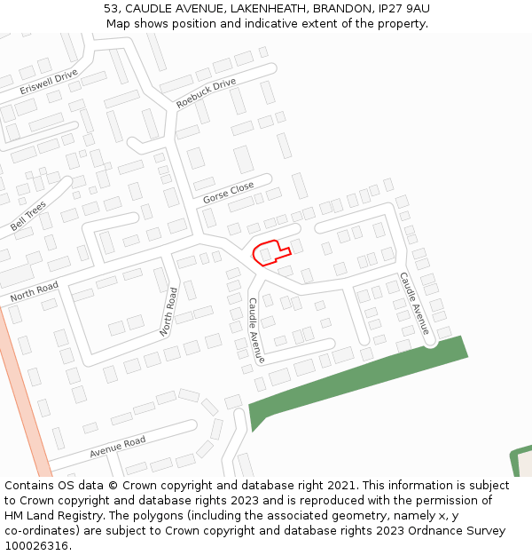 53, CAUDLE AVENUE, LAKENHEATH, BRANDON, IP27 9AU: Location map and indicative extent of plot