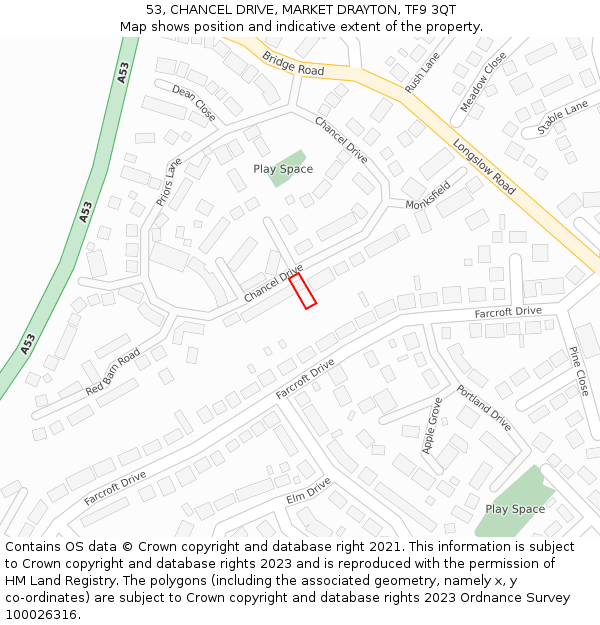 53, CHANCEL DRIVE, MARKET DRAYTON, TF9 3QT: Location map and indicative extent of plot