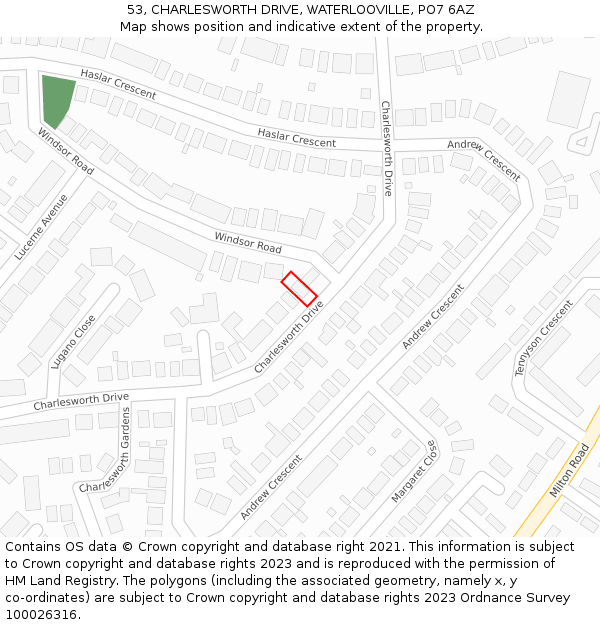 53, CHARLESWORTH DRIVE, WATERLOOVILLE, PO7 6AZ: Location map and indicative extent of plot