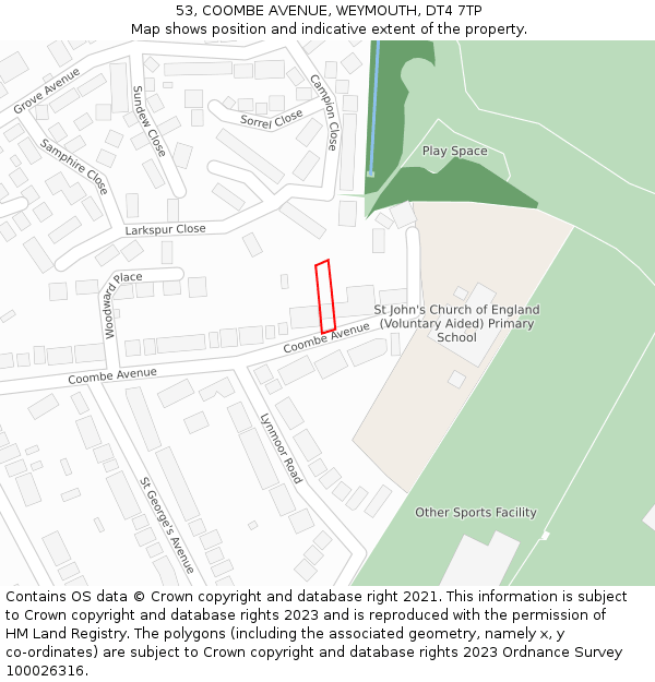 53, COOMBE AVENUE, WEYMOUTH, DT4 7TP: Location map and indicative extent of plot