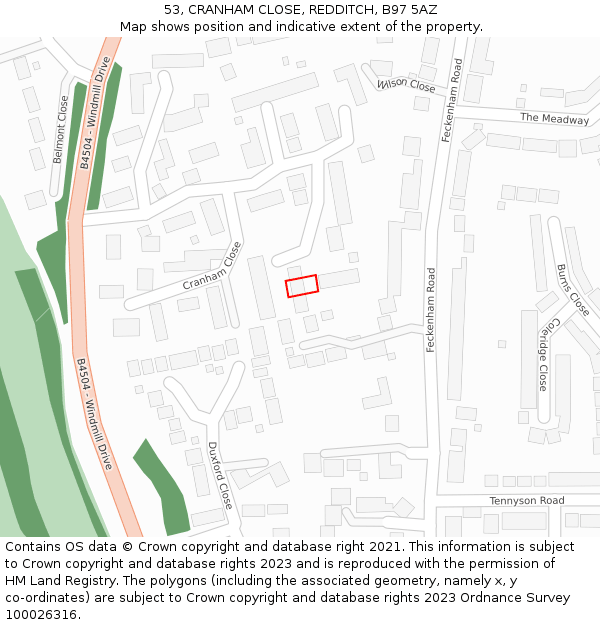 53, CRANHAM CLOSE, REDDITCH, B97 5AZ: Location map and indicative extent of plot