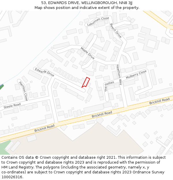 53, EDWARDS DRIVE, WELLINGBOROUGH, NN8 3JJ: Location map and indicative extent of plot