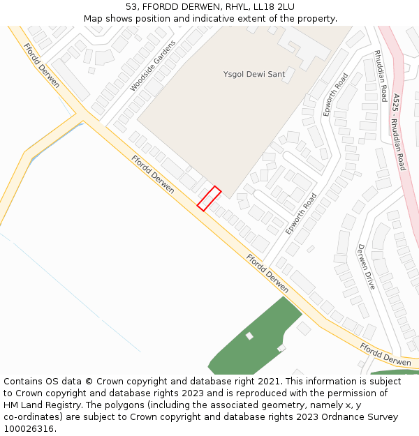 53, FFORDD DERWEN, RHYL, LL18 2LU: Location map and indicative extent of plot