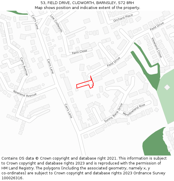 53, FIELD DRIVE, CUDWORTH, BARNSLEY, S72 8RH: Location map and indicative extent of plot