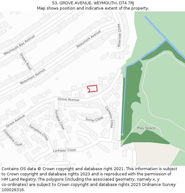53, GROVE AVENUE, WEYMOUTH, DT4 7RJ: Location map and indicative extent of plot