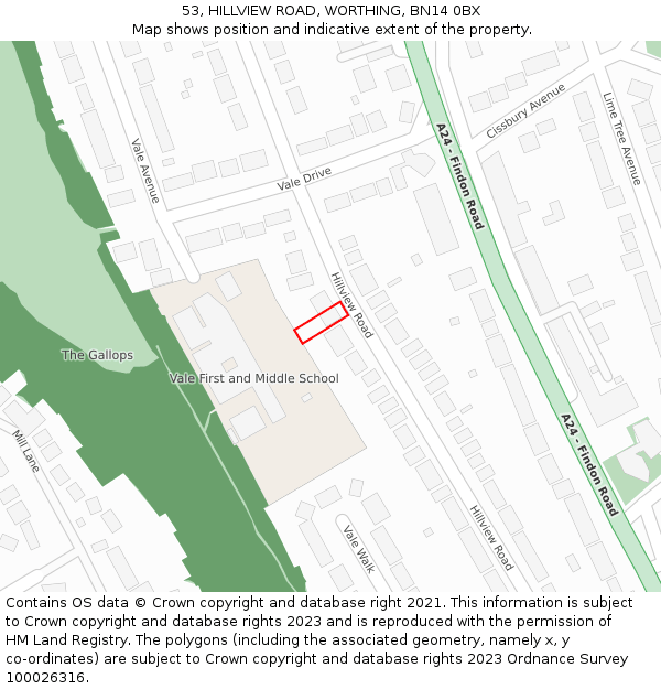 53, HILLVIEW ROAD, WORTHING, BN14 0BX: Location map and indicative extent of plot