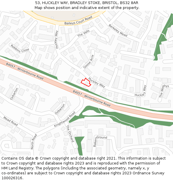 53, HUCKLEY WAY, BRADLEY STOKE, BRISTOL, BS32 8AR: Location map and indicative extent of plot