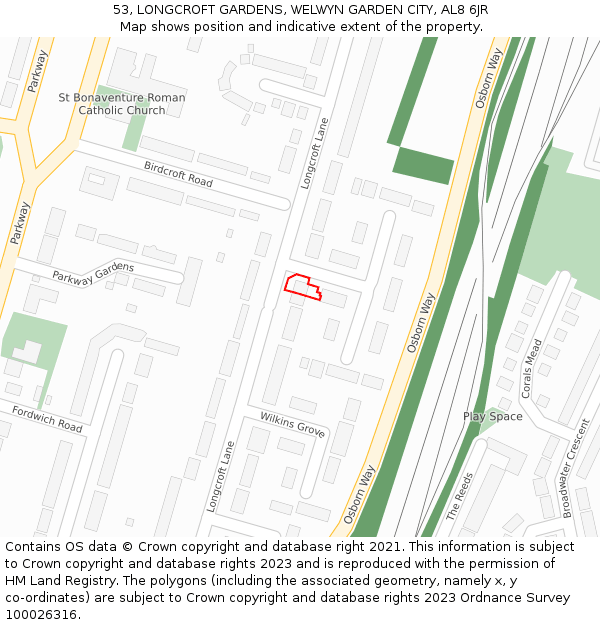 53, LONGCROFT GARDENS, WELWYN GARDEN CITY, AL8 6JR: Location map and indicative extent of plot