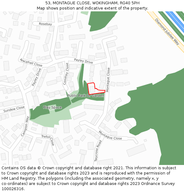 53, MONTAGUE CLOSE, WOKINGHAM, RG40 5PH: Location map and indicative extent of plot