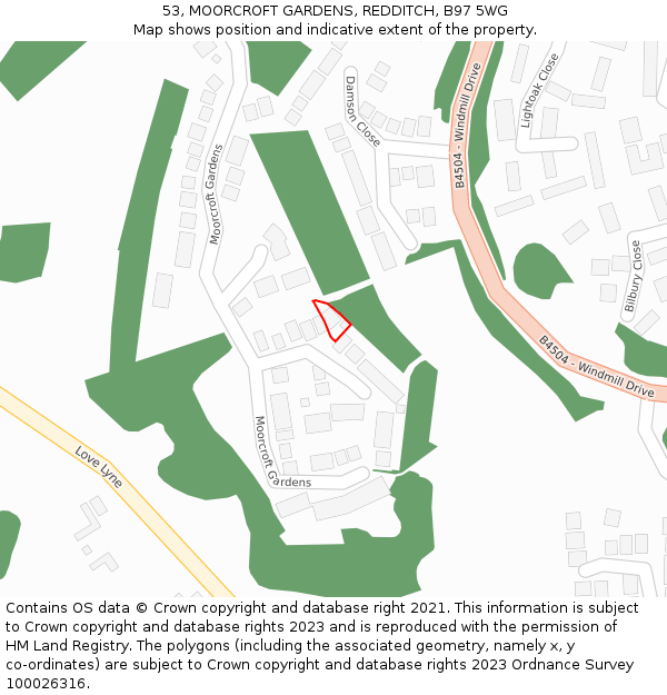 53, MOORCROFT GARDENS, REDDITCH, B97 5WG: Location map and indicative extent of plot