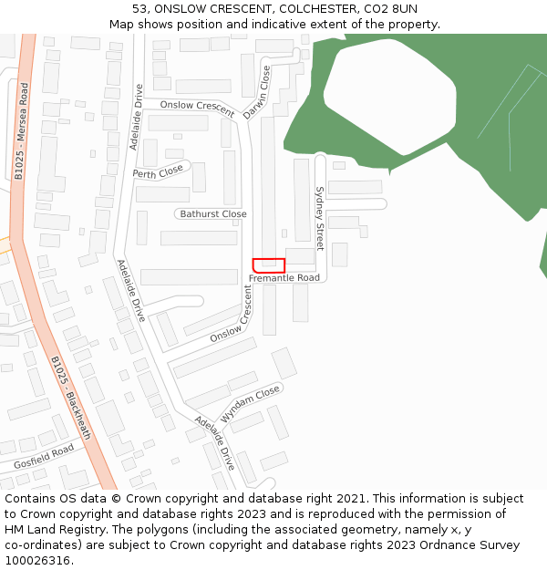 53, ONSLOW CRESCENT, COLCHESTER, CO2 8UN: Location map and indicative extent of plot