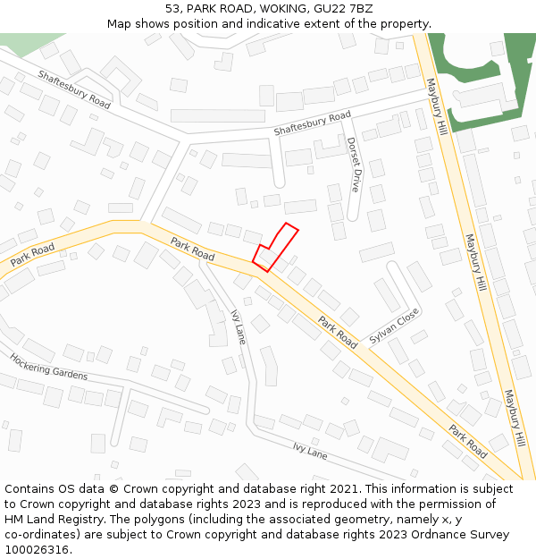 53, PARK ROAD, WOKING, GU22 7BZ: Location map and indicative extent of plot