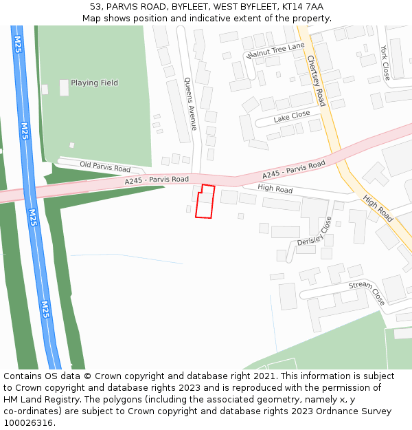 53, PARVIS ROAD, BYFLEET, WEST BYFLEET, KT14 7AA: Location map and indicative extent of plot