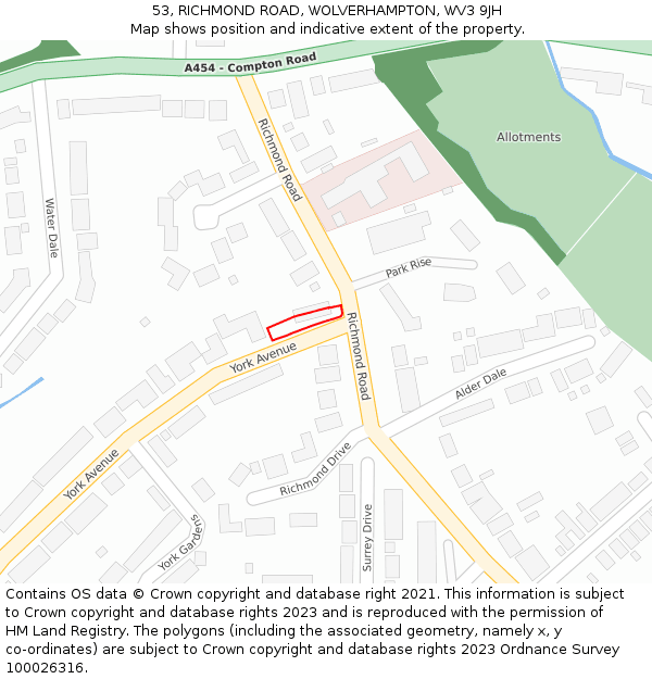 53, RICHMOND ROAD, WOLVERHAMPTON, WV3 9JH: Location map and indicative extent of plot