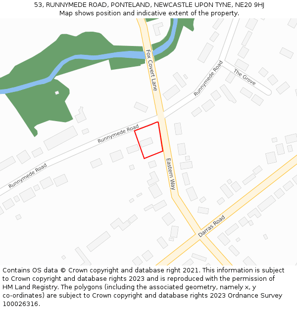 53, RUNNYMEDE ROAD, PONTELAND, NEWCASTLE UPON TYNE, NE20 9HJ: Location map and indicative extent of plot