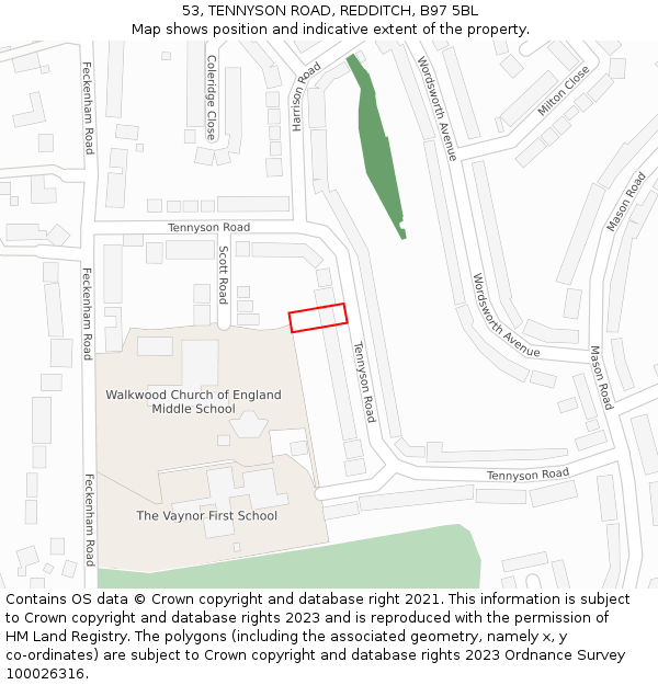 53, TENNYSON ROAD, REDDITCH, B97 5BL: Location map and indicative extent of plot