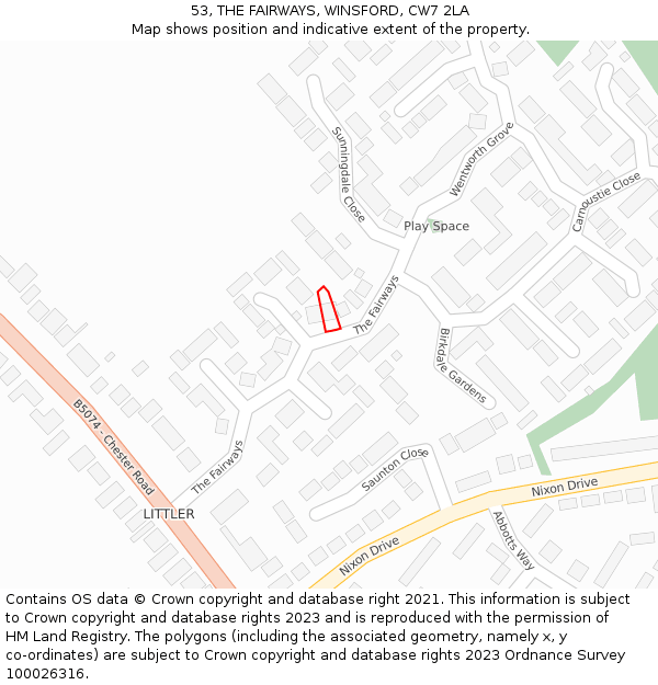 53, THE FAIRWAYS, WINSFORD, CW7 2LA: Location map and indicative extent of plot