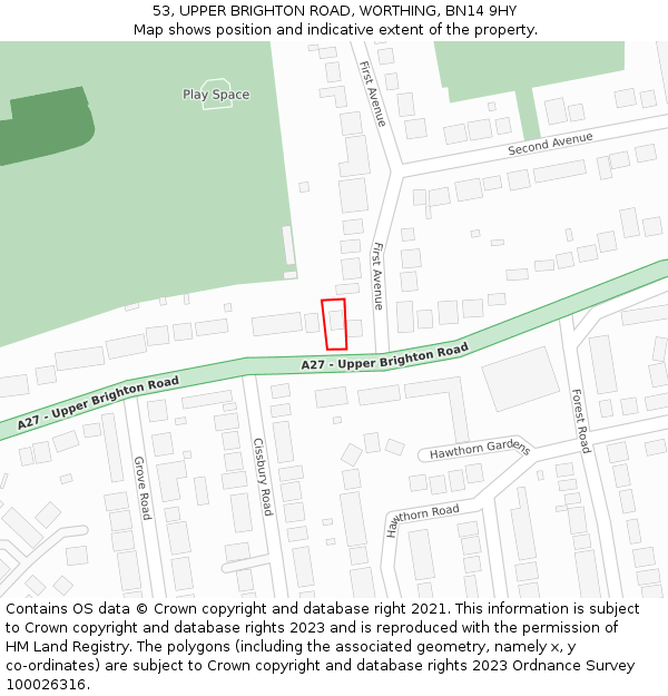 53, UPPER BRIGHTON ROAD, WORTHING, BN14 9HY: Location map and indicative extent of plot