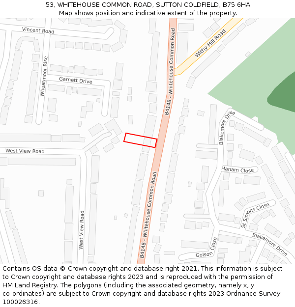 53, WHITEHOUSE COMMON ROAD, SUTTON COLDFIELD, B75 6HA: Location map and indicative extent of plot