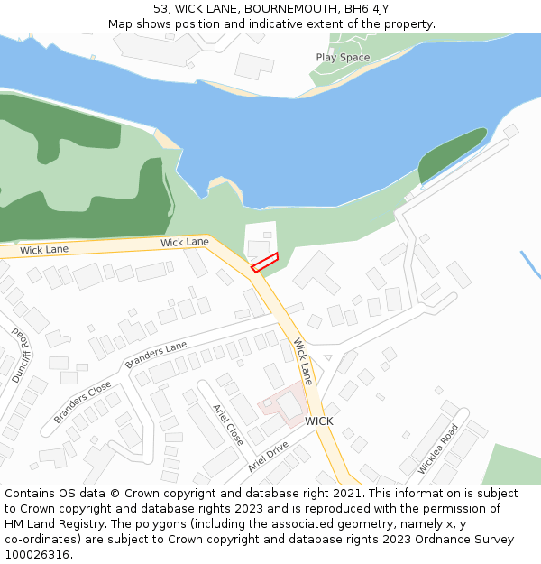 53, WICK LANE, BOURNEMOUTH, BH6 4JY: Location map and indicative extent of plot