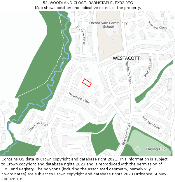 53, WOODLAND CLOSE, BARNSTAPLE, EX32 0EG: Location map and indicative extent of plot