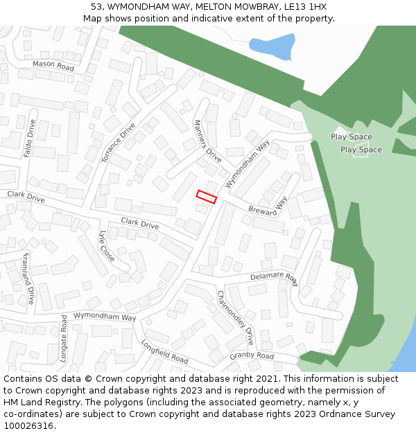 53, WYMONDHAM WAY, MELTON MOWBRAY, LE13 1HX: Location map and indicative extent of plot