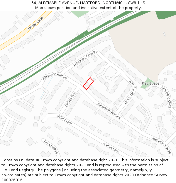 54, ALBEMARLE AVENUE, HARTFORD, NORTHWICH, CW8 1HS: Location map and indicative extent of plot