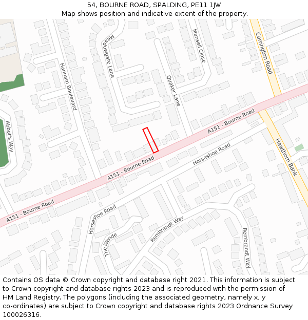 54, BOURNE ROAD, SPALDING, PE11 1JW: Location map and indicative extent of plot