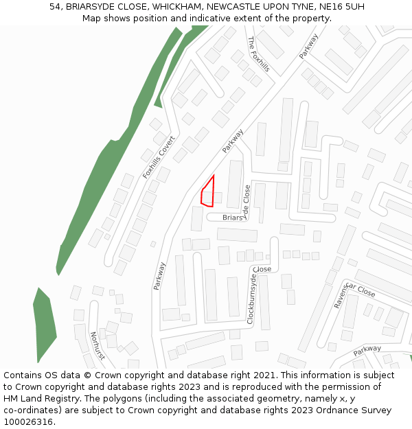 54, BRIARSYDE CLOSE, WHICKHAM, NEWCASTLE UPON TYNE, NE16 5UH: Location map and indicative extent of plot