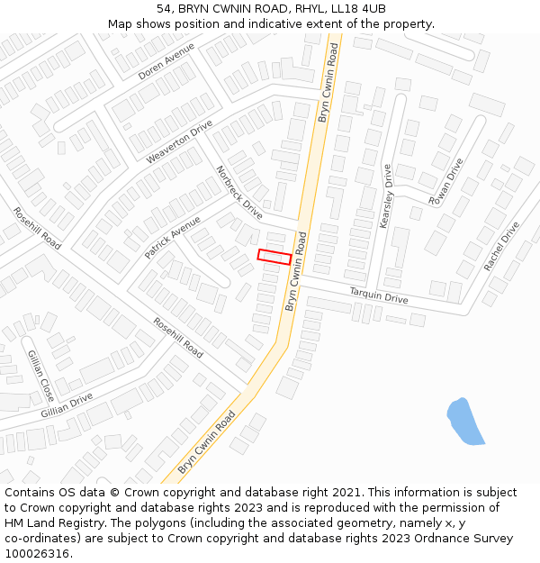 54, BRYN CWNIN ROAD, RHYL, LL18 4UB: Location map and indicative extent of plot