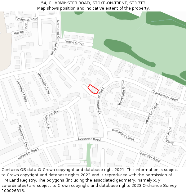 54, CHARMINSTER ROAD, STOKE-ON-TRENT, ST3 7TB: Location map and indicative extent of plot