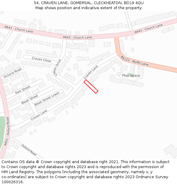 54, CRAVEN LANE, GOMERSAL, CLECKHEATON, BD19 4QU: Location map and indicative extent of plot