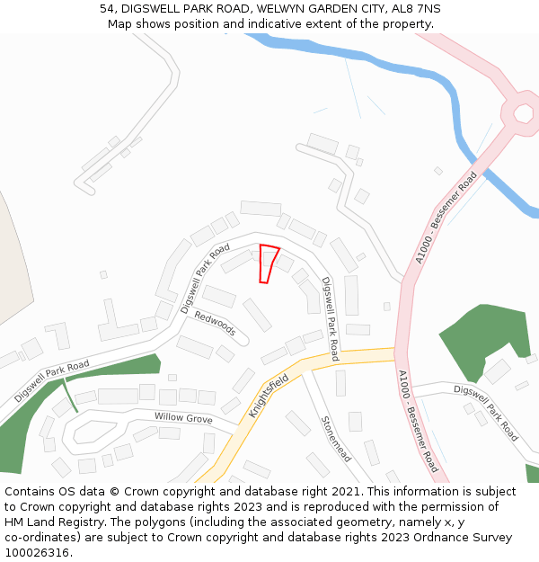 54, DIGSWELL PARK ROAD, WELWYN GARDEN CITY, AL8 7NS: Location map and indicative extent of plot