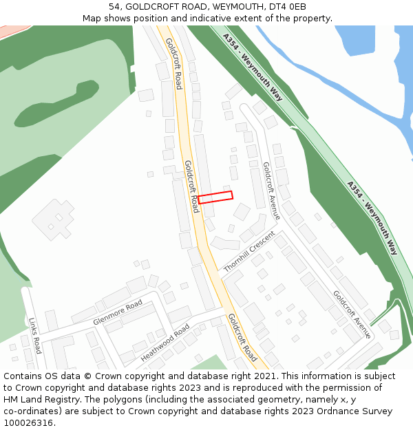 54, GOLDCROFT ROAD, WEYMOUTH, DT4 0EB: Location map and indicative extent of plot