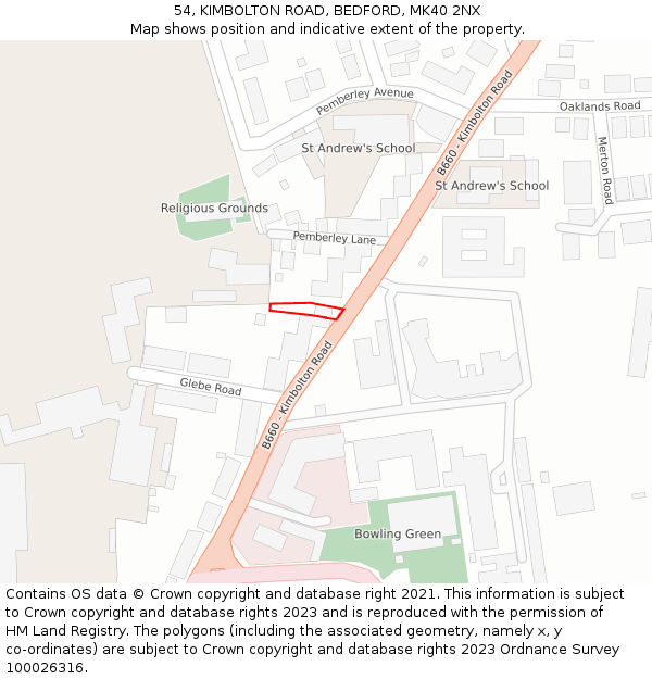 54, KIMBOLTON ROAD, BEDFORD, MK40 2NX: Location map and indicative extent of plot