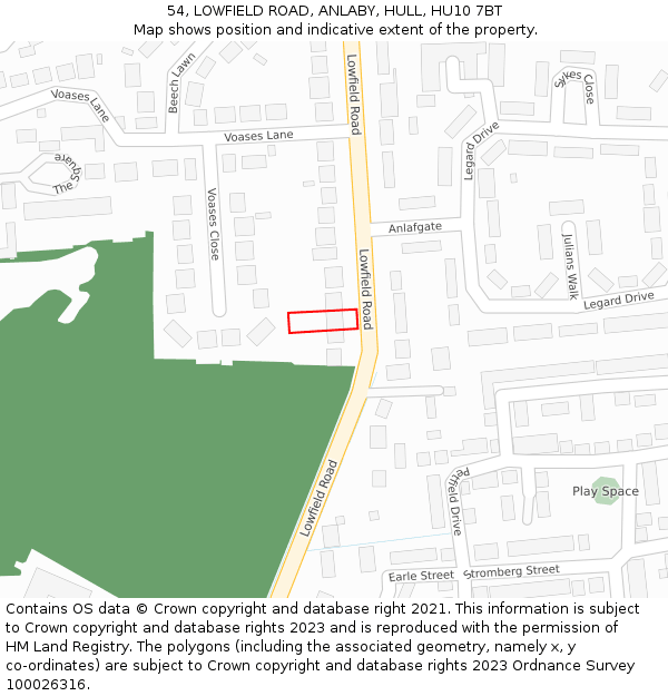 54, LOWFIELD ROAD, ANLABY, HULL, HU10 7BT: Location map and indicative extent of plot