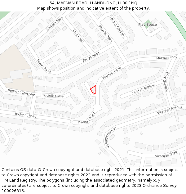 54, MAENAN ROAD, LLANDUDNO, LL30 1NQ: Location map and indicative extent of plot