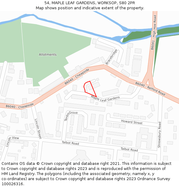 54, MAPLE LEAF GARDENS, WORKSOP, S80 2PR: Location map and indicative extent of plot