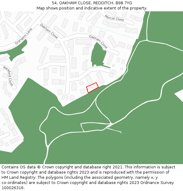 54, OAKHAM CLOSE, REDDITCH, B98 7YG: Location map and indicative extent of plot