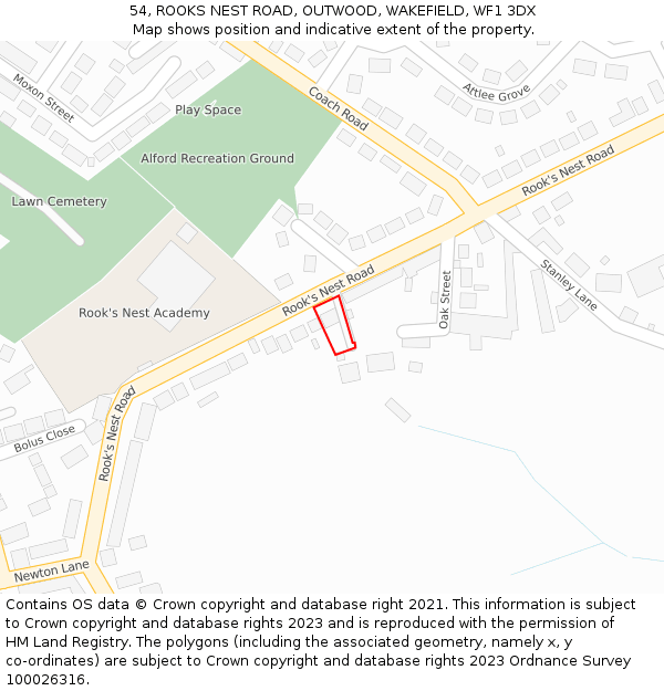 54, ROOKS NEST ROAD, OUTWOOD, WAKEFIELD, WF1 3DX: Location map and indicative extent of plot