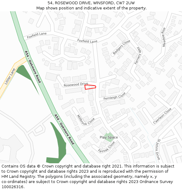 54, ROSEWOOD DRIVE, WINSFORD, CW7 2UW: Location map and indicative extent of plot