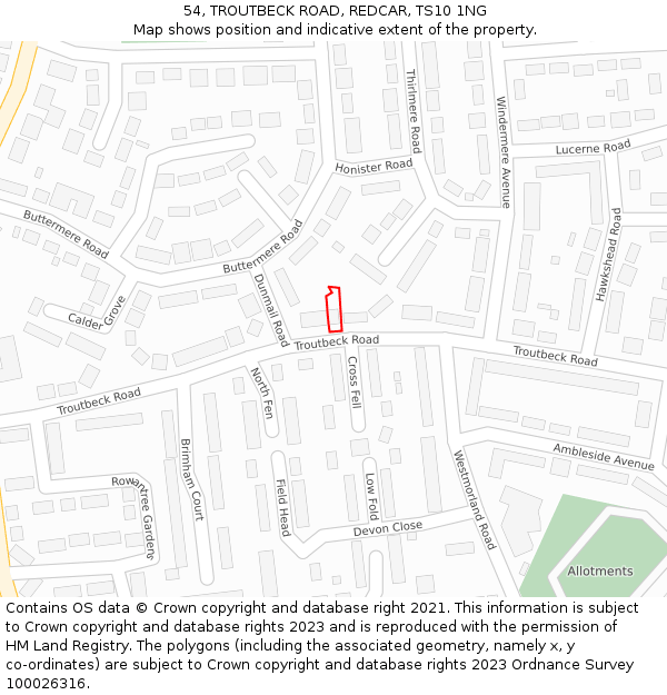 54, TROUTBECK ROAD, REDCAR, TS10 1NG: Location map and indicative extent of plot